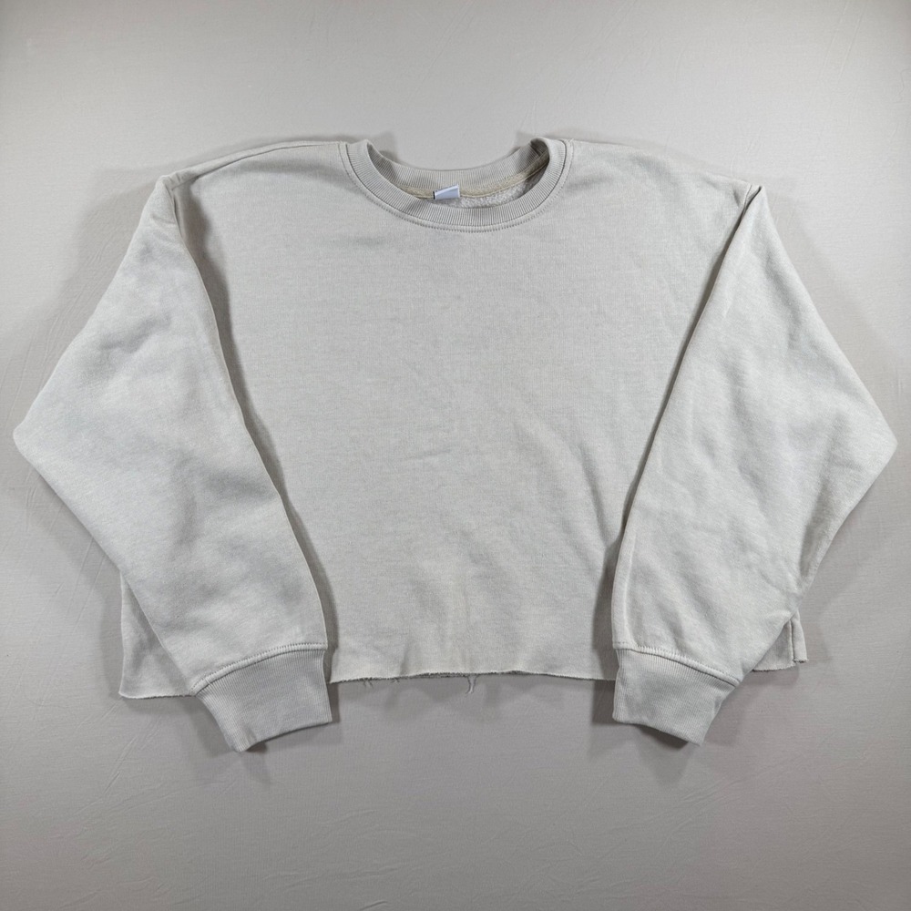 J.o&co Womens Oatmeal Beige Cropped Raw Hem Crewneck Sweatshirt Size Large